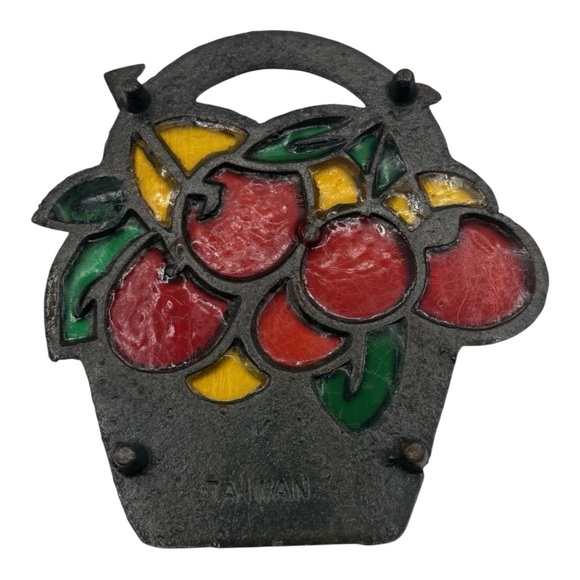 Vtg Cast Iron Trivet Stained Glass Style Cherry Basket Cottagecore Farmhouse - Picture 2 of 4